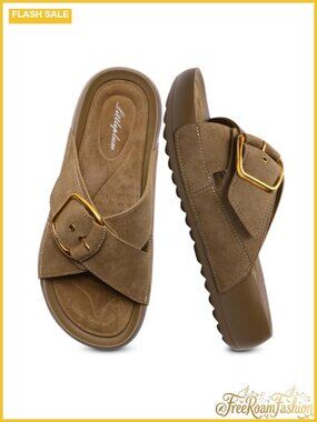 Women's Suede Platform Wedge Slide Sandals with Arch Support Buckle